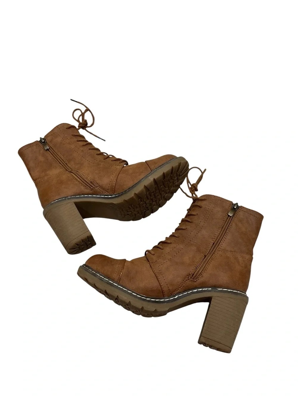 Olivia Miller Lace Up Ankle Booties Tan Brown Chunky Heel Side Zip Size 6